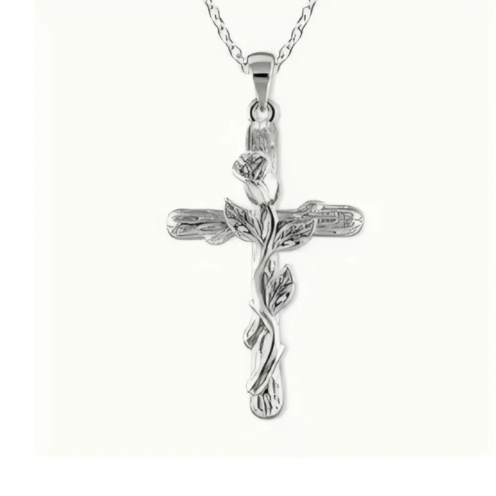 NEW Rose Cross Necklace Silver Tone